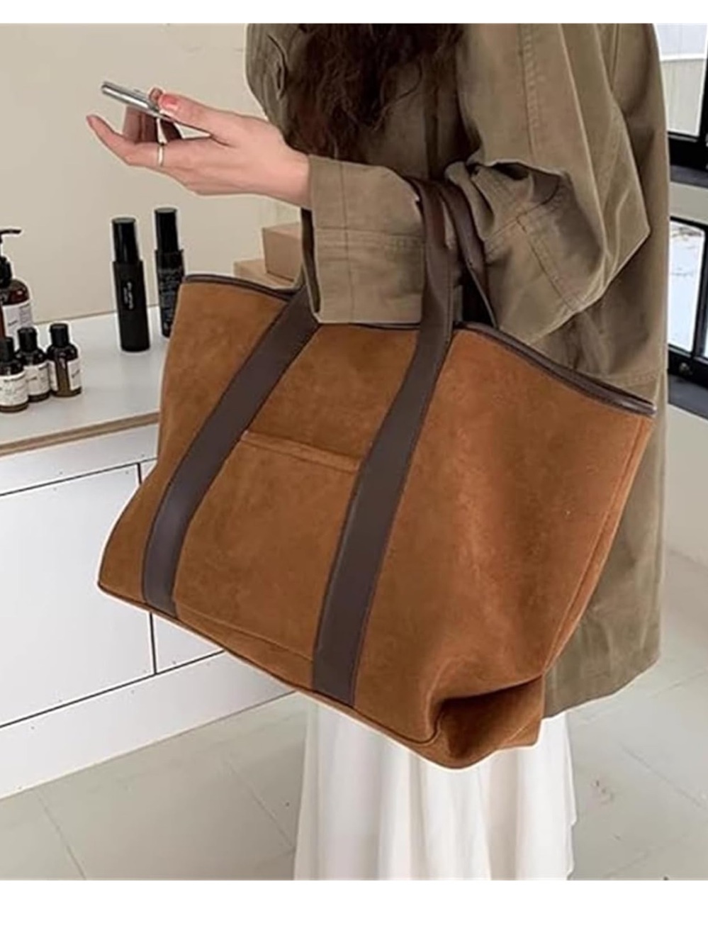 Tan with Brown Trim Tote Bag
